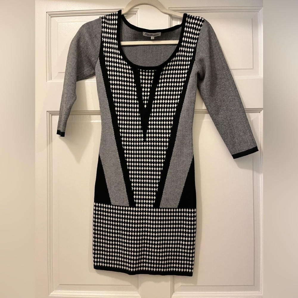 - Stiletto’s knitted checkered sweater dress, black, gray and white, size S